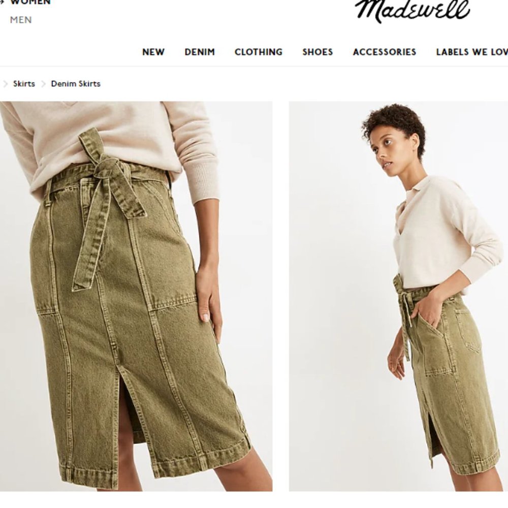 NWOT Madewell rigid seamed denim skirt with pockets and tie, size 24